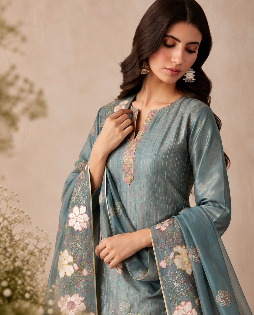 7116 - Aqua Blue Shimmer Embroidered Work Pant Style Suit